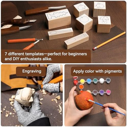 68-Piece Wood Carving Kit for Adults and Beginners, 16 Whittling Knives & Chisels, 8 Basswood Blocks, Leather Tool Roll, Safety Gloves, Paints and Templates, Carving Gift Set for Men - Image 3