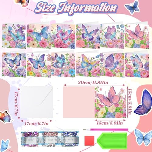 Saillong 12 Pack Butterfly Diamond Painting Greeting Card Kits Summer Diamond Art Cards with Envelopes Purple Butterfly Flowers 5D Rhinestones Painting Kits for Adults DIY Crafts Family Friend Gifts - Image 4
