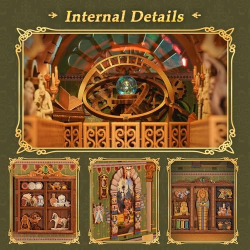 Tonecheer DIY Book Nook Kit for Adults, 3D Wooden Puzzle Bookend Miniature House Kit, Booknook Bookshelf Insert Decor with Dust Cover and LED Lights Gifts (Spacetime Museum) - Image 5