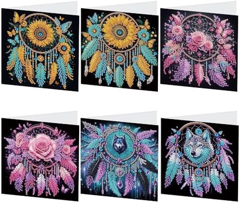 LazyFold 6Pcs DIY Diamond Art Painting Greeting Cards with Envelopes,Dreamcatcher All Occasion Note Card Kit for Women, Handmade Thank You Birthday Friendship Cards Gift by LazyFold