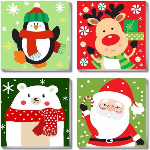 4 Pack Christmas Paint by Numbers Kits for Kids and Adults (with Frame), Cute Cartoon Christmas Paint by Number Kits on Canvas, Simple Acrylic Oil Painting for Beginners, Home Wall Decor 8 x8 Inch. by Fotasmua