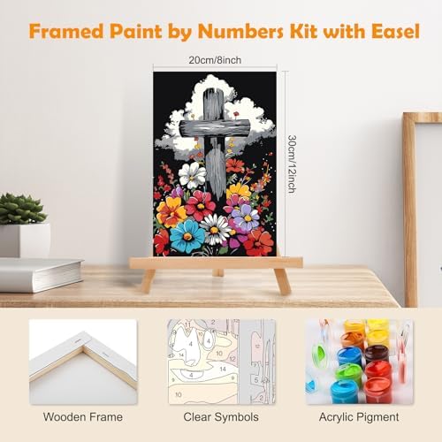 MOGTAA Cross Paint by Numbers Kit for Adults Beginners with Frame, Flowers Adult Paint by Number Kits on Canvas with Easel, Easy DIY Oil Painting Kits for Home Decor, 8x12in - Image 2