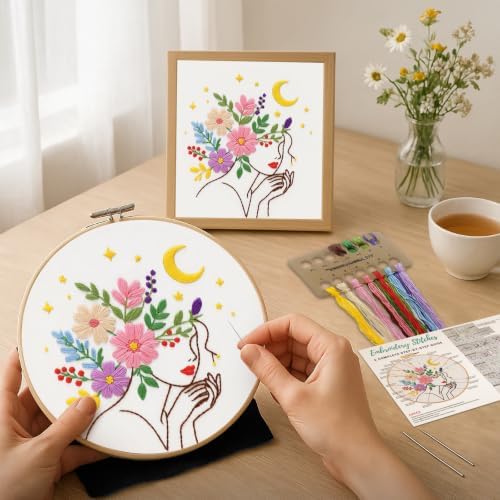 Nuberlic Embroidery Kit for Beginner,Floral Woman Embroidery - Image 3