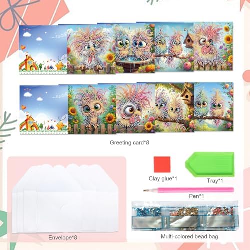 8pcs DIY Diamond Art Greeting Cards Kit with Envelopes&Tools - Create Your Own Sparkling Birthday, Thank You, Holiday Cards for Adults & Beginners(Humorous Bird) - Image 5