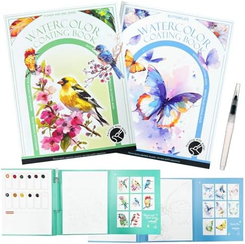 Mulyric 2-Pack Watercolor Painting Books for Adults & Beginners - All-in-One Creative Stress Relief Art Kit with 3-Fold Pad, 32 Pre-Printed Pages, 24 Colors & 2 Brushes for Relaxation & Art Therapy by Creativitylifestyleandwellness