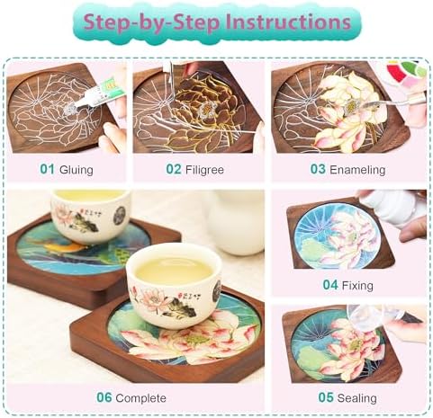 Cloisonne Kit, DIY Coasters Craft Kits, Filigree Enamel Art, Lotus - Image 4