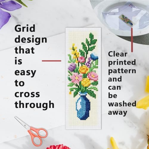INFUNLY 6PCS Cross Stitch Bookmark Kit for Adults Flower Vase Stamped Embroidery Bookmark Kit with Backing Felt Floss Instruction for Book Lovers Readers - Image 3