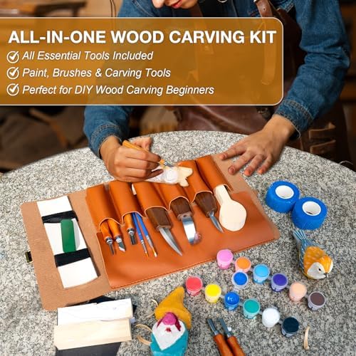 Wood Carving Kit, 37pcs Wood Carving Tools with 12 Color Paint, Wood Whittling Kit with 4pcs Templates & Users Guide for Beginners37Pcs Wood Carving Kit with Storage Bag - Image 2