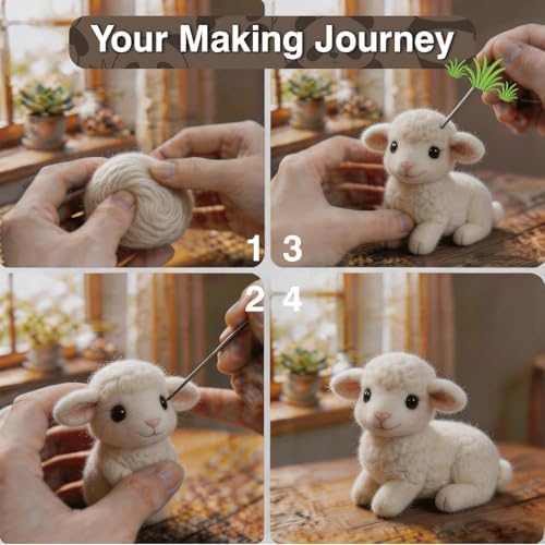 DIY Needle Felting Kit Cute White Lamb Lying – Needle Felting Starter Kit with Fiber Roving, Needles, Felting Pad & Instructions | Felted Farm Animal Kit for Beginners Adults | DIY Craft Gift - Image 4