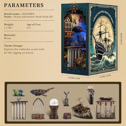 Book Nook, DIY Book Nook Kits for Adults, Ocean Adventure 3D Wooden Puzzle Bookend Bookshelf Insert Decor with LED Light - Image 5