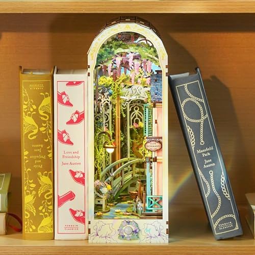 Tonecheer DIY Book Nook Kit for Adults, 3D Puzzle Wooden Miniature House Kit, Booknook Dollhouse Bookshelf Insert Decor Bookend with Dust Cover and LED Lights Gifts (Giverny Garden) - Image 4