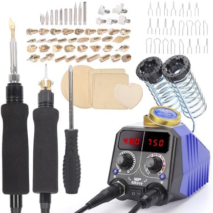 WEP 939D VII 2-IN-1 Wood Burning Kit 84-IN-1 with 51 Solid Points and 23 Wire Nibs Wood Burner with 2 Letter Number Stencils, 6 Unfinished Wood, 1 Pen Holder, Burning Tool by WEPTOOLS