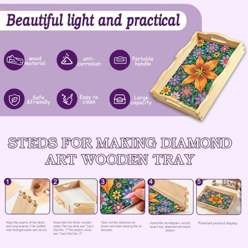 DIY Diamond Painting Wooden Serving Tray Kit, Adult Craft Gem Art Tray with Handles, Multipurpose Fruit Snack Platter for After-Work Chat & Home Decor (Flower, 7.8×11.8in) - Image 3