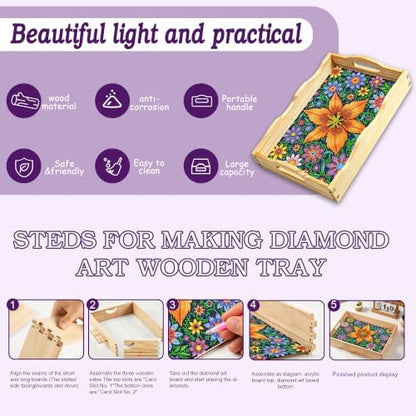 DIY Diamond Painting Wooden Serving Tray Kit, Adult Craft Gem Art Tray with Handles, Multipurpose Fruit Snack Platter for After-Work Chat & Home Decor (Flower, 7.8×11.8in) - Image 3