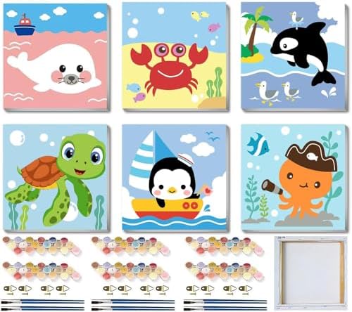MXCFZX 6 Pack Framed Paint by Numbers Kit for Kids,Cute Sea Animals Painting Kits for Ages 4-6-12,Easy Paint by Number Kids Paint for Beginner,DIY Acrylic Oil Painting Kit for Wall Decor(8X8inch) by MCCFZX