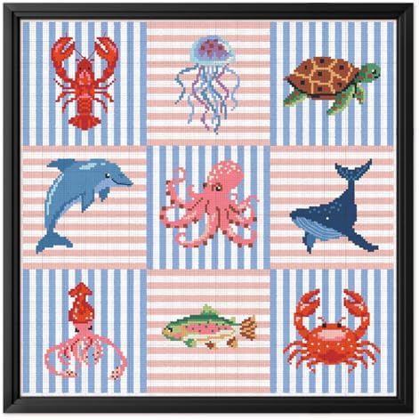 FREEBLOSS 11CT Cross Stitch Kits Striped Sea Animal Stamped Embroidery Kits with Instruction Cross Stitch Wall Hanging Kit for Needlepoint Adults Wall Art Decoration 18 * 18in/45 * 45cm by FreeandCreativeCraftsArt