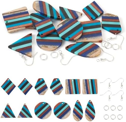 FASHEWELRY Striped Resin Wood Earrings Charms Cyan Rhombus Teardrop Flat Round Wooden Earring Blanks Earring Findings Wooden Earring Pieces for Jewelry Making, 52pcs/box by FASHEWELRY