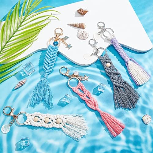 INFUNLY 5 Set Ocean Themed Macrame Kit for Adults DIY Macrame Wristlet Keychain Kits Macrame Boho Keychain with Tassels Cotton Cord Instruction for Car Key Purse Phone Wallet Charm - Image 3