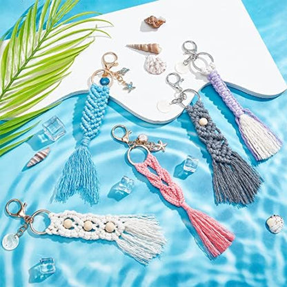 INFUNLY 5 Set Ocean Themed Macrame Kit for Adults DIY Macrame Wristlet Keychain Kits Macrame Boho Keychain with Tassels Cotton Cord Instruction for Car Key Purse Phone Wallet Charm - Image 3