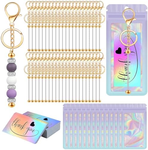 42/84/126 Pcs Beadable Keychain Bars Bulk Blank DIY Beaded Keychain Making Supplies with Bag Thank You Card by Unknown