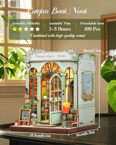 Cutefun Book Nook Kit - DIY Miniature Dollhouse Kit for Adults and Teens, French Flower Shop Mini House Building Kit with LED, 3D Wooden Puzzle for Beginner Creative Gifts (Champs-Élysées Florist) - Image 2