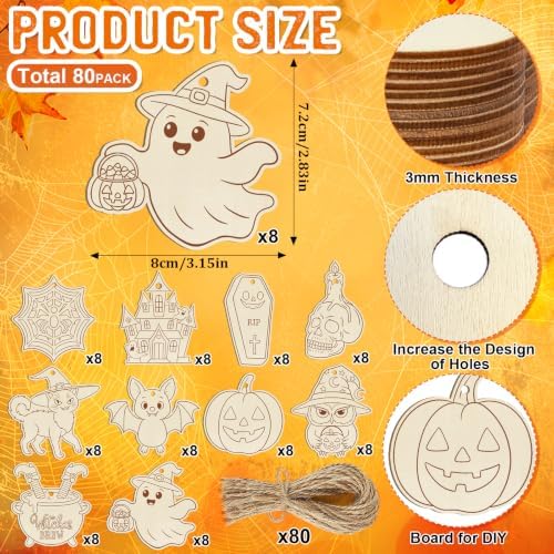 80PCS Wooden Halloween Ornaments to Paint Fall Decorations,10 Styles DIY Blank Autumn Unfinished Wood Skull Pumpkin Ghost Bat Witch Feet Halloween Cutouts Ornament for Crafts Party Hanging - Image 5