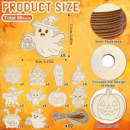 80PCS Wooden Halloween Ornaments to Paint Fall Decorations,10 Styles DIY Blank Autumn Unfinished Wood Skull Pumpkin Ghost Bat Witch Feet Halloween Cutouts Ornament for Crafts Party Hanging - Image 5