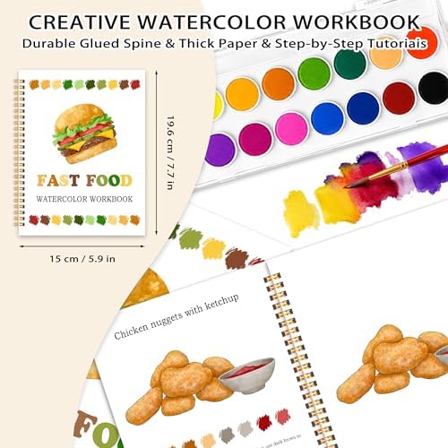 Fast Food Favorites Watercolor Workbook, 12 Patterns Watercolor Kit for Beginners, Step-by-Step Water Coloring Book, 18 Colors Watercolors Paint Set, Art Gift for Adults Teen - Image 2