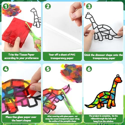 Lonfliness 32Sets Dinosaur Suncatchers Crafts Kit DIY Dino Window Stained Glass Effect Paper Dinosaur Animal Home School Classroom Decoration Art Craft Creative Activity Project Kid Gift Favor - Image 3