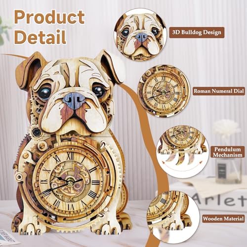 Kosmickiss 3D Puzzles for Adults, Wooden Bulldog Wall Clock Model Kits - Image 2