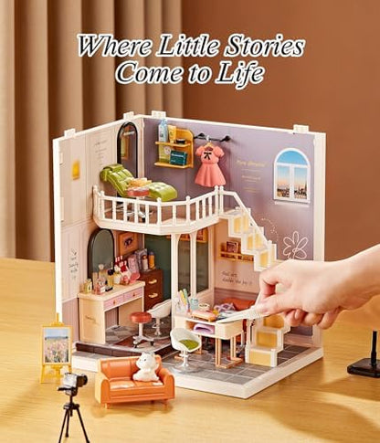 2-Story Loft Beauty Salon Kit, LED Light DIY Miniature House for Adults with Makeup Table Nail Station SPA Chair Balcony, Collectible Plastic Beauty Studio Model, Home Decor Gift for Women - Image 5