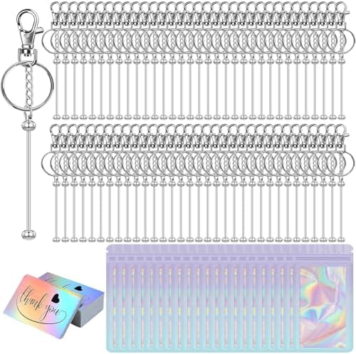 42/84/126 Pcs Beadable Keychain Bars Bulk Blank DIY Beaded Keychain Making Supplies with Bag Thank You Card by Unknown
