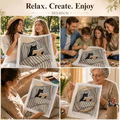 Black Cat Reading Book Stamped Cross Stitch Kits for Beginner 12x16 Inch - Image 7
