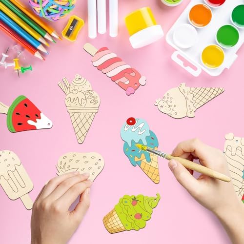 80PCS Wooden Ice Cream Cutouts Ornaments to Paint,Summer Decorations 8 Styles DIY Blank Unfinished Wood Cutouts Ornament for Crafts Hanging Decorations - Image 2