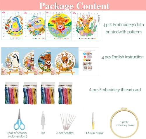 Zhenqing 4-Piece Animal Cross Stitch Kit for Beginners - Complete Set with Pre-Printed 11CT 24x24cm Fabric, Hoop & Tools (Penguin, Sloth, Cow, Deer Designs)(70405) - Image 4