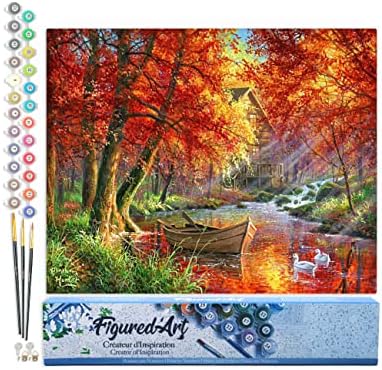 Figured'Art Paint by Numbers Kit for Adults Autumn River and Boat 16"x20" - Craft Art Painting DIY Kit Rolled Canvas Without Frame by FiguredArt