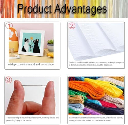 Tiwabb Cat Flower Stamped Cross Stitch Kits for Adults Beginners with Frame - Image 4