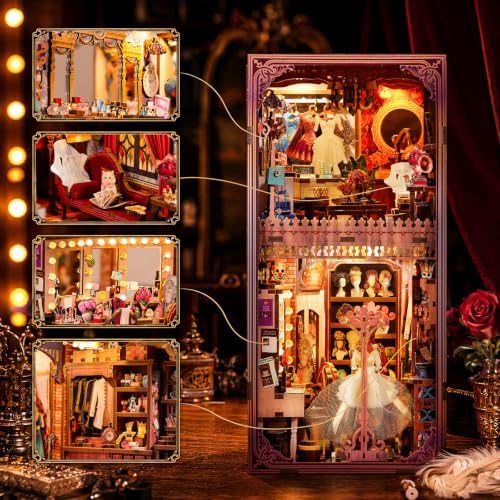 fifijoy Theatre Dressing Room DIY Book Nook Kit - DIY Miniature Dollhouse Book Nook Kit, Classic Theater 3D Wooden Puzzle Model Bookshelf Insert Decor, Gift for Craft Lovers (with Yellow Light) - Image 2