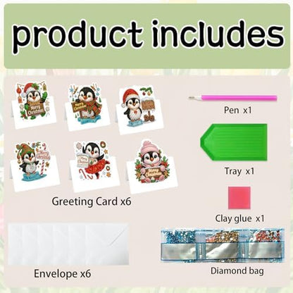 jinglinhh 6pcs Diamond Art Painting Christmas Penguin Candy Cane Greeting Cards with Envelopes, DIY Card Making Kits for Adults, Diamond Art Postcards Christmas Cards Craft Gifts - Image 3