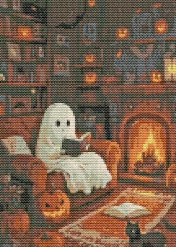 Eiazuiks Halloween Stamping Cross Stitch Kit, Ghost Halloween Counting Cross Stitch Kit for Adult Beginners, Full Line DIY Stitching Kit for Home Decor Cross Stitch Patterns 12x16 inches by Eiazuiks