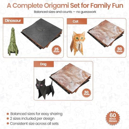 Paper Cats Origami Kit for Adults – Origami Cats, Dogs & Dinosaurs with 135 Sheets + 60 Cat Stickers | Japanese Paper Craft Set | Mindful Creative hobby & Gift for Cat Lovers, Beginners and Hobbyists - Image 2