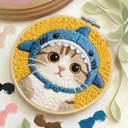 BEUNITONE Shark Cat Punch Needle Kit for Adults Beginners, Complete DIY Craft Needlepoint Kits with Hoop, Punch Needle Starter Craft Embroidery Set for Handmade Decor & Stitching Projects 7.9X7.9" - Image 6