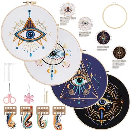 Vereela Evil Eye Embroidery Kit for Beginners Adults, 4 Pack Pre Stamped Embroidery Starter Kit with 8" Hoop, Threads, Needles, Tools & Instructions, DIY Needlework Craft Gift for Women Teens by Unknown