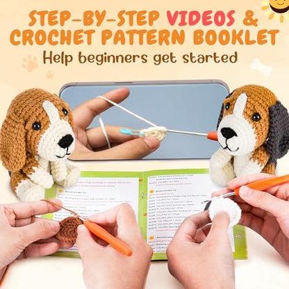 Crochetta Crochet Kit for Beginners, Beginner Crochet Kit for Adults with Step-by-Step Video Tutorials, DIY Crochet Animal Kits Knitting Supplies, 2 Pack Beagle Family (40%+ Yarn) - Image 2