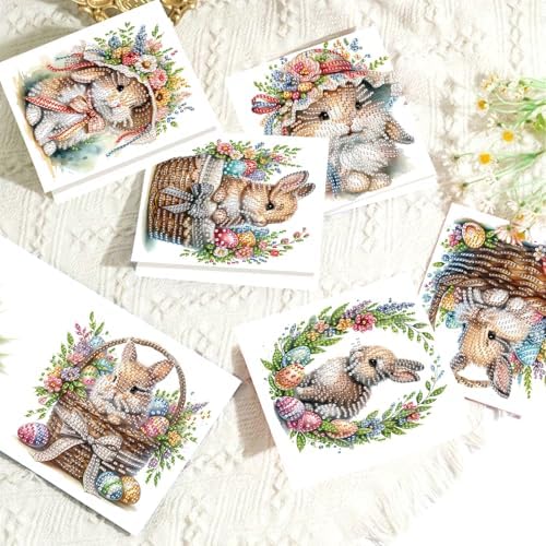 Tontut 6pcs Diamond Art Painting Kit Greeting Card, Basket Bunny 5D DIY Diamond Handmade Holiday Glitter Greeting Card with Envelope, Easter Day Holiday Gift Congratulation - Image 5