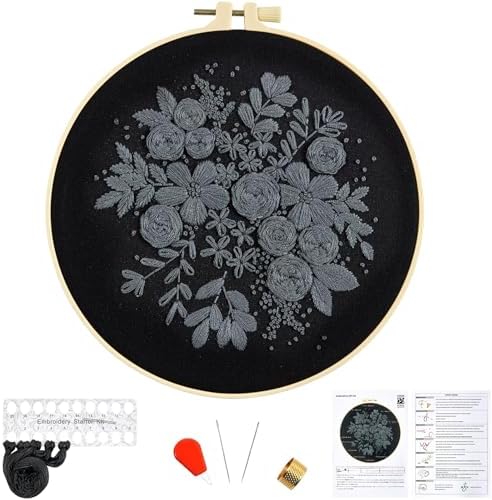 Crafmanoe Embroidery Kits for Beginners Adults, Black Flowers Embroidery Starter Kits, Counted Cross Stitch Kits for Beginners Adults Hobbies Set for Women, Embroidery Hoops, Thread and Video Tutorial by Unknown
