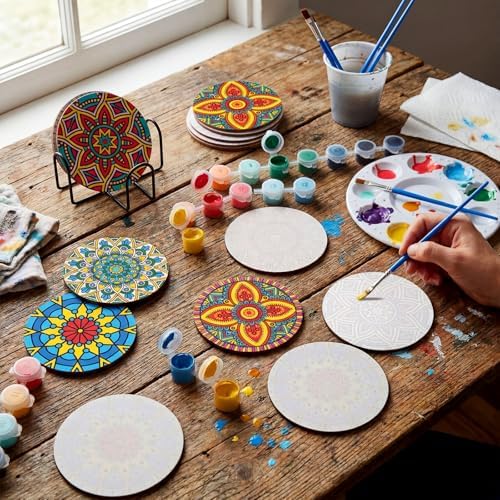 Reallnaive 8 Pcs Mandala Paint by Numbers Kit for Adults Wooden Coasters - Image 2