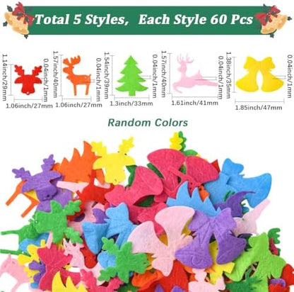 SUNNYCLUE 300Pcs 5 Styles Christmas Embellishments Felt Shapes Random Mixed Colorful Non Woven Fabric Holiday Xmas Tree Bell Deer Shape Handmade Ornaments for DIY Craft Sewing Clothes Bags Decoration - Image 2