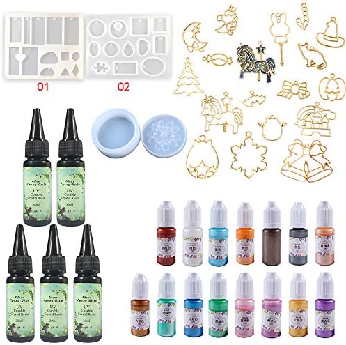 UV Epoxy Resin Kit 15 Pearlescent Pigment + 2 Molds (24 Shapes) for Pendants Earrings Jewelry + 1 Mold for Storage Box + 17 Open Back Bezels for Resin Crafts DIY, 5 Crystal Clear Transparent Resin by VidaRosa