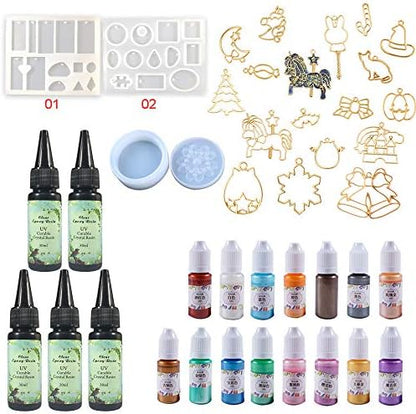 UV Epoxy Resin Kit 15 Pearlescent Pigment + 2 Molds (24 Shapes) for Pendants Earrings Jewelry + 1 Mold for Storage Box + 17 Open Back Bezels for Resin Crafts DIY, 5 Crystal Clear Transparent Resin by VidaRosa
